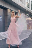 Simple A Line Pink V Neck Tulle Sleeveless Prom Dresses Long Bridesmaid Dresses STK15383