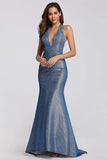 Sexy V Neck Halter Blue Backless Prom Dresses, Cheap Long Party Dresses STK15365