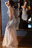 2024 V Neck Mermaid Tulle Prom Dresses With Beading PHKPZ918