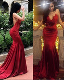 Chic Red Spaghetti Straps Mermaid V Neck Prom Dresses with Appliques, Formal Dresses STK15571
