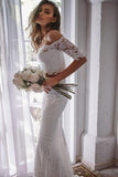 2 Pieces Ivory Lace Mermaid Off the Shoulder Wedding Dresses, Beach Wedding Gowns STK14986