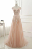 A Line Sheer Neck Cap Sleeves Tulle Prom Dresses Appliques Sweep Train Formal STKPTEXZSTC