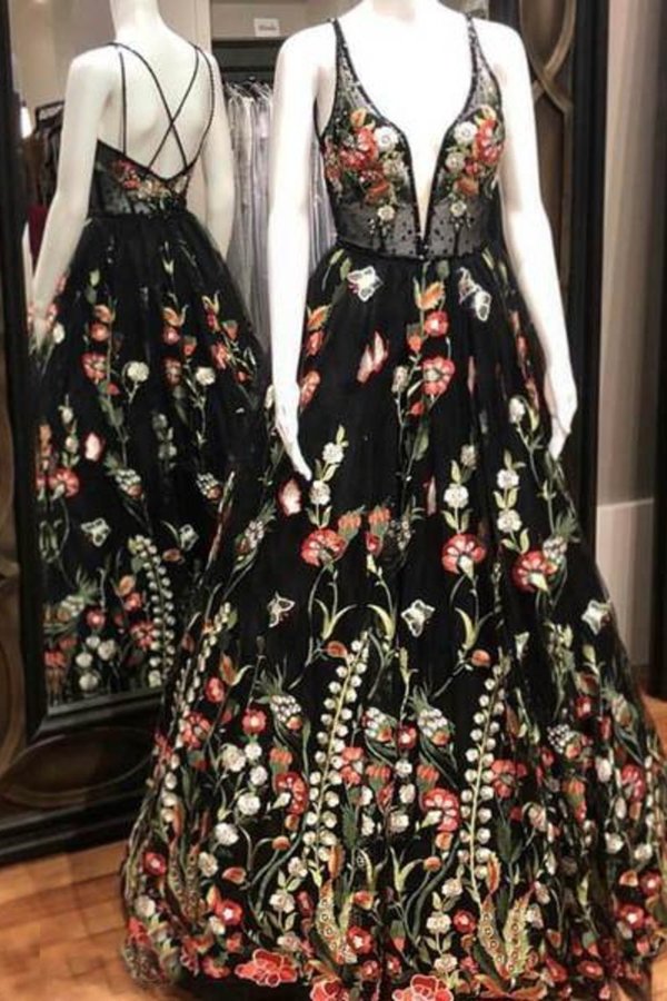 2024 Spaghetti Strap Black Prom Dresses Floral Formal PM1S6NJE
