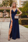 Sexy V Neck Long Spaghetti Straps Mermaid Navy Blue Prom Dresses with High Split STK15366