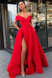 Off the Shoulder Red Satin V Neck Long Prom Dresses, High Slit Party Dresses with Pockets STK15271