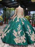 Ball Gown Long Sleeve Satin Beads Prom Dresses, Quinceanera Dresses with Appliques STK15059