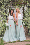 2 Pieces Tulle Ivroy And Mint Long Simple Cheap Elegant Bridesmaid Dresses STK15543