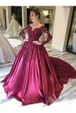 Prom Dress With Long Sleeves And Floral Embroidery Burgundy Colored Court STKPJ8SLMB9