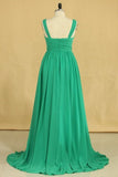 2022 V Neck A Line Plus Size Prom Dresses Chiffon Sweep Train With Ruffles P26RCPA1