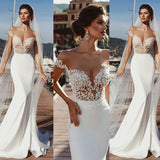 Stunning Mermaid Cap Sleeve Sheer Neck Long Wedding Dresses Beach Wedding Gowns STK15437