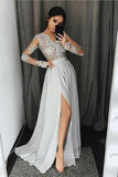 2022 V Neck Long Sleeves Prom Dresses A Line With Applique P254KNLQ