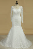 2024 Long Sleeves V Neck Mermaid Wedding Dresses Tulle With Applique PAY8RKKR