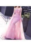 2024 A Line Strapless Tulle With Applique Floor Length Prom Dresses PFCM6ERM