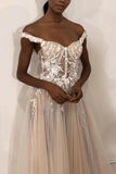 Unique Off The Shoulder Ivory Long Wedding Dress With Appliques Sweetheart Wedding STKPMJM4785