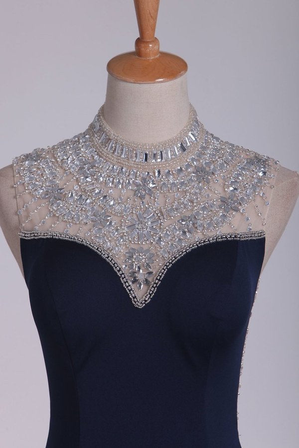 2024 Spandex Prom Dresses High Neck With Beading Sweep PC5DA23H