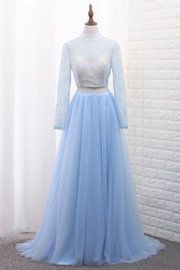 2024 Two-Piece High Neck Evening Dresses Tulle & Lace With Slit PQA8QDAH