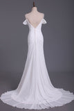 2024 A Line Straps With Beads And Ruffles Wedding Dresses Chiffon Court Train P2LL89SX