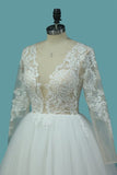 2024 Long Sleeves A Line Scoop Tulle Wedding Dresses With Applique PJHMCMR8