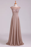 2024 Bateau A-Line Prom Dresses Chiffon Floor-Length With Beads And PCYMFYNQ