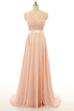 Peach Lace Backless Sexy Cheap V-Neck Halter Sleeveless A-Line Open Back Prom Dresses
