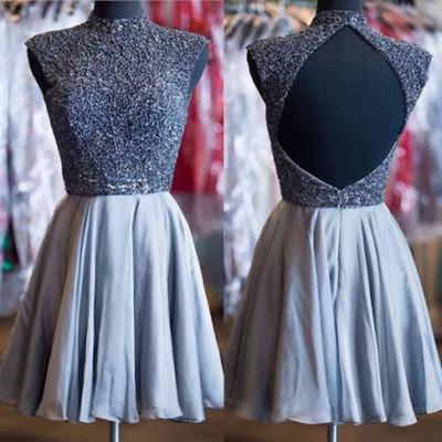 A-Line Open Back High Neck Beads Homecoming Dress For Teens