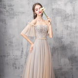 Elegant Off Shoulder Floor Length Tulle Prom Dress, Lace up Bridesmaid Dresses STK15185