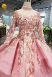 2024 New Prom Dresses Long Sleeves Ball Gown High Neck With Applique&Beads Lace PJFCBB91