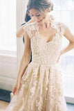 Elegant V-Neck Sleeveless Cap Sleeves Floor-Length Wedding Dress With STKPRQZPNT7