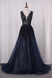 2024 V Neck Mermaid Tulle Prom Dresses With Applique Sweep PXTTA6A7