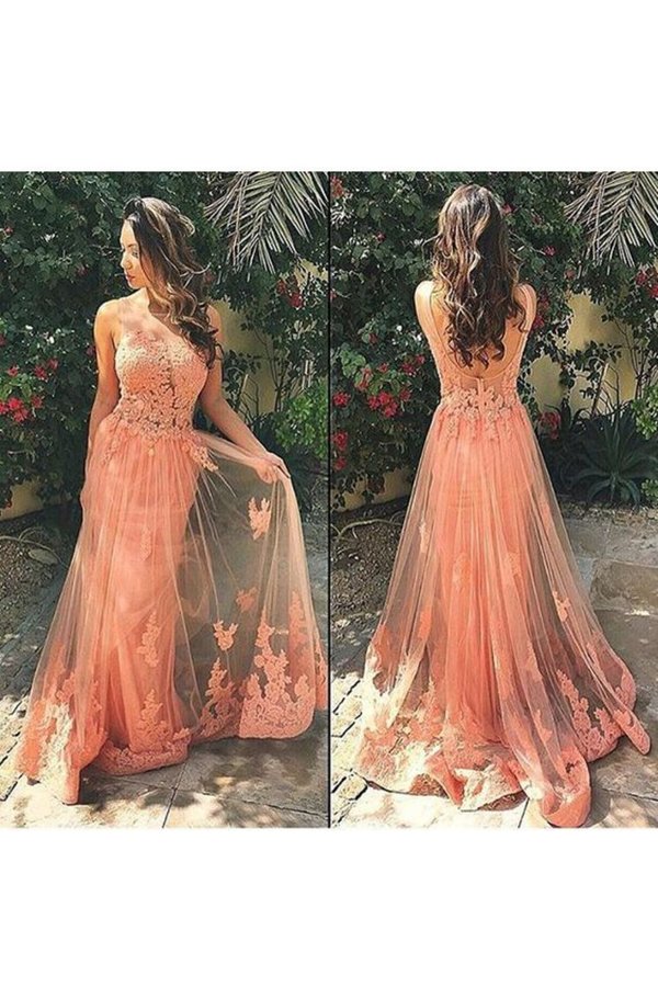 2024 Tulle Prom Dresses Scoop With Applique Sweep P47FJF99