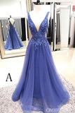 Simple V Back Sleeveless Lace Appliques Tulle Long Prom Dresses