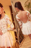 Sexy See Through Long Sleeve Lace Sexy White Appliques Homecoming Dresses
