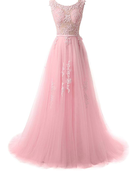 Pretty tulle lace round neck A-line open back long prom