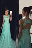 2024 Chiffon Scoop Prom Dresses A Line With Applique And Beads PJFLD5AT