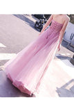 2024 A Line Strapless Tulle With Applique Floor Length Prom Dresses PFCM6ERM