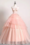 Princess Ball Gown Pink 3D Lace Multi-layered Prom Dresses, Tulle Quinceanera Dresses STK15292
