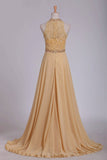 2024 A Line High Neck Prom Dresses Chiffon & Lace With Beads Sweep P2G7LKRN