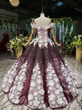 Ball Gown Off the Shoulder V Neck Satin Prom Dresses with Hand Made Flowers, Quinceanera Dress STK15064
