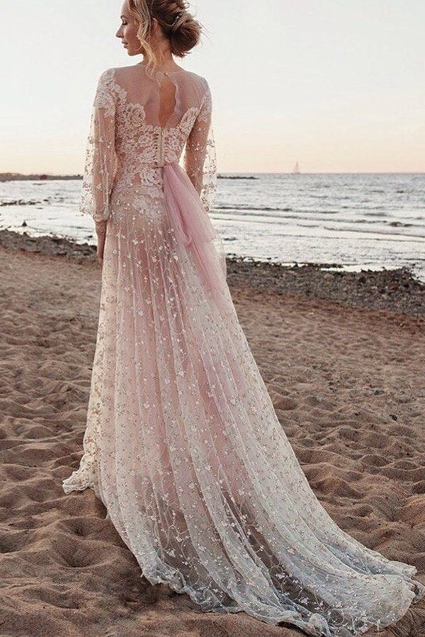 2024 Scoop Long Sleeves Lace Prom Dresses A PJYQMAXT