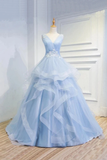 Puffy V Neck Sleeveless Tulle Prom Dress With Appliques Quinceanera STKP4EM4EZY