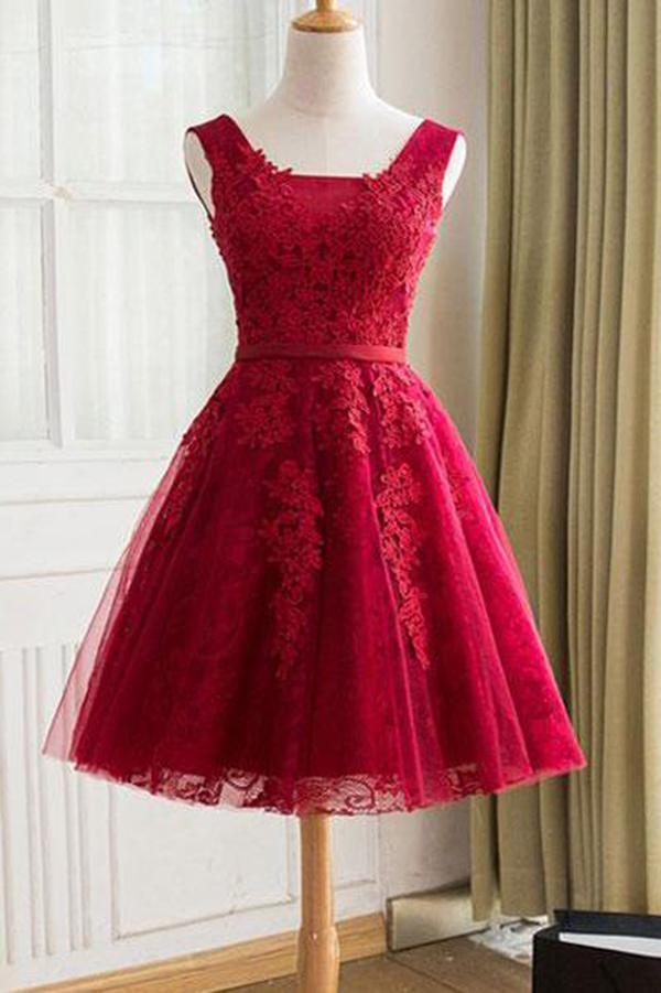 Cute A Line Red Sweetheart Lace Appliques Sleeveless Lace up Homecoming Dresses