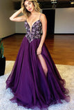 Purple A Line Floor Length Sleeveless Side Slit Beading Chiffon Prom Dresses