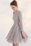 Gray A Line Long Sleeve Lace Appliques Short Homecoming Dresses