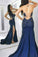 Navy Blue Mermaid Court Train Sweetheart Sleeveless Sheer Back Appliques Prom Dresses