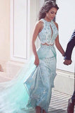 Mint Green Two Piece A Line Sweep Train Halter Appliques Prom Dresses