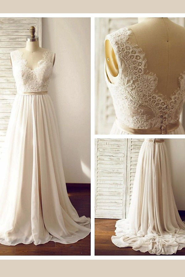 Charming V-neck Backless Long Chiffon Beach Sleevelss Lace Wedding Dresses