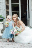 A-Line Mid-Calf Blue Lace Top Tulle Scoop Sleeveless Cheap Junior Flower Girl Dress