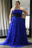 Blue A Line Brush Train Strapless Sleeveless Lace Plus Size Prom Dresses