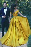 Yellow A Line Court Train Off Shoulder Ruffles Long Prom Dresses