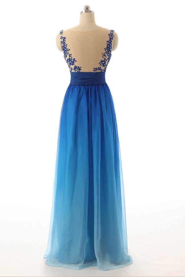 Ombre A Line Floor Length Sleeveless Sheer Back Appliques Beading Prom Dresses